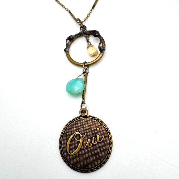 Pavanne Necklace Blue Chalcedony Swarovski Crystal Brass Chain Handcrafted - Picture 2 of 13